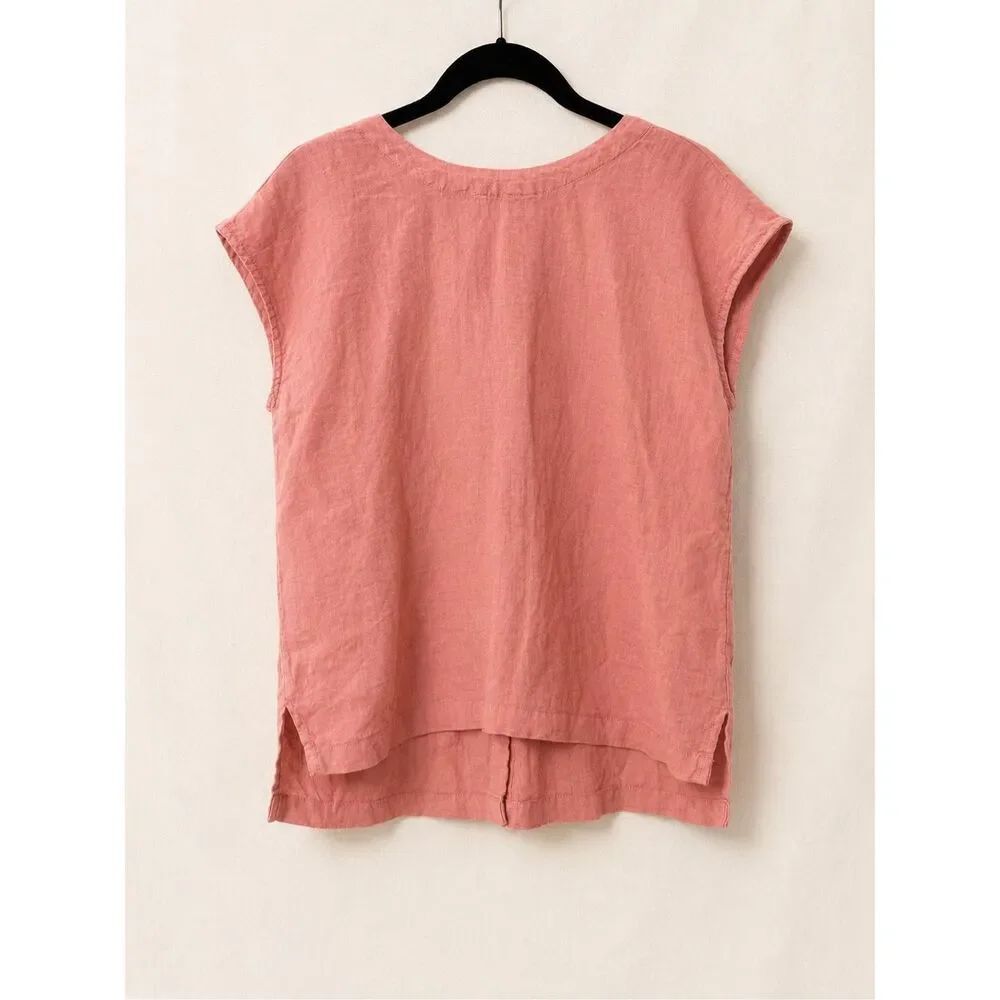 Cynthia Rowley 100% Linen Blouse Womens Small Pink Cap Sleeve Back Button Top